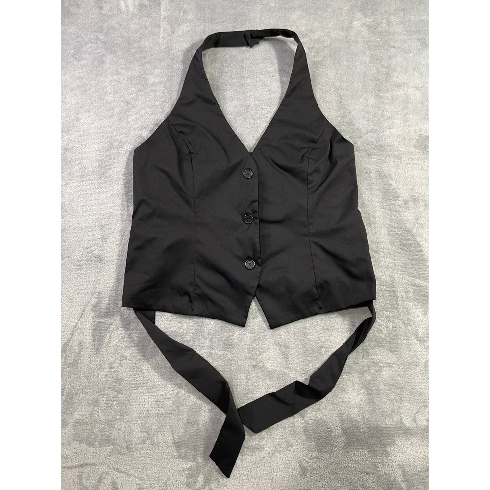 ChicMe Women Black Halter Neck Button Down Vest Top Back Tie Size XL 50H0426